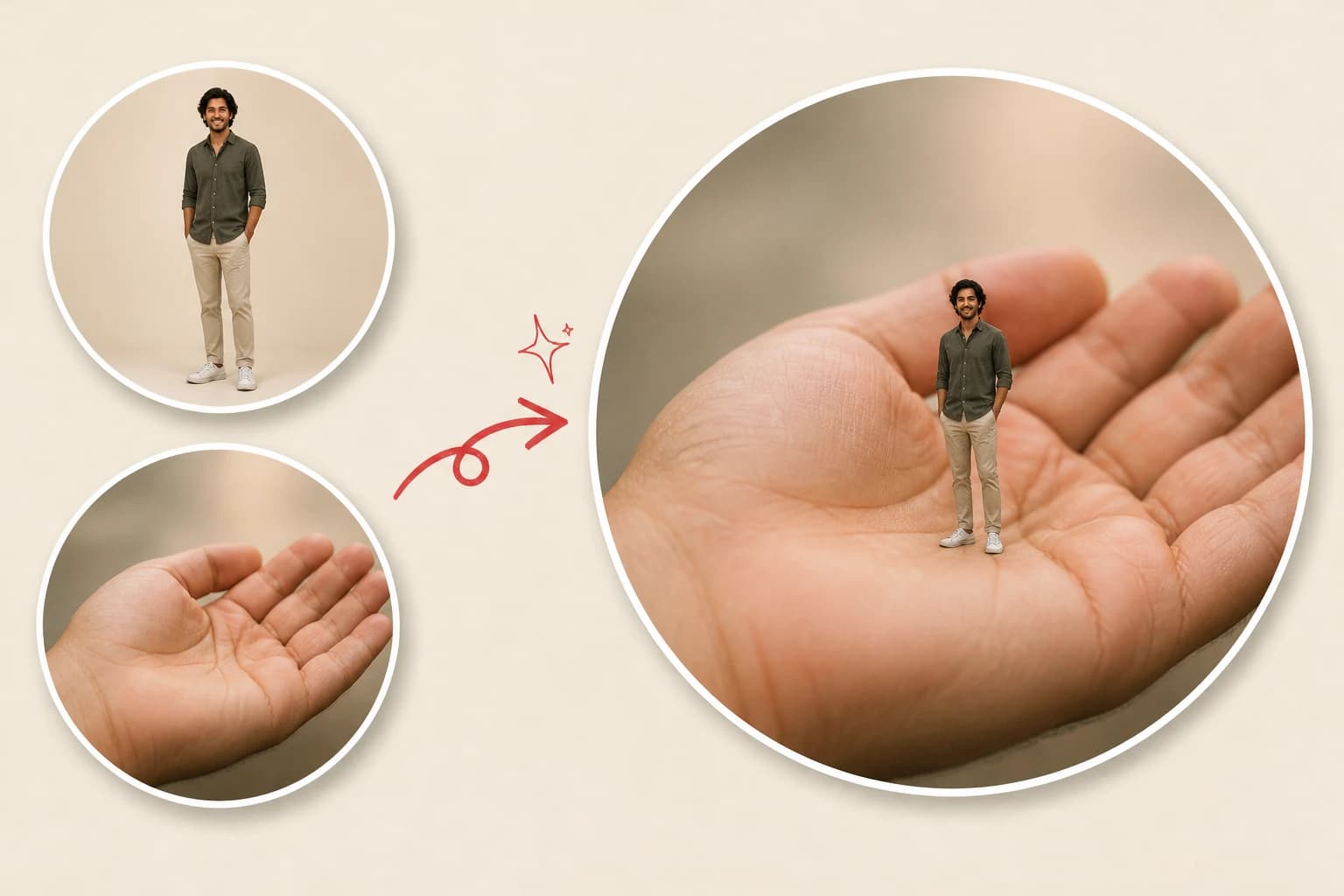 Upload a portrait and an empty hand. AI instantly shrinks your friend into a tiny miniature standing perfectly in the palm of your hand. Flawless perspective and realistic shadows create an optical illusion that will break your social media feed.