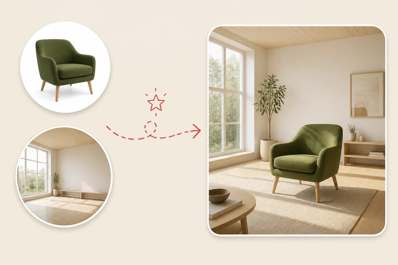 Upload a piece of furniture and an empty room. AI accurately aligns the perspective and generates realistic contact shadows and reflections. Perfect for visualizing home decor before buying, making interior design completely effortless.